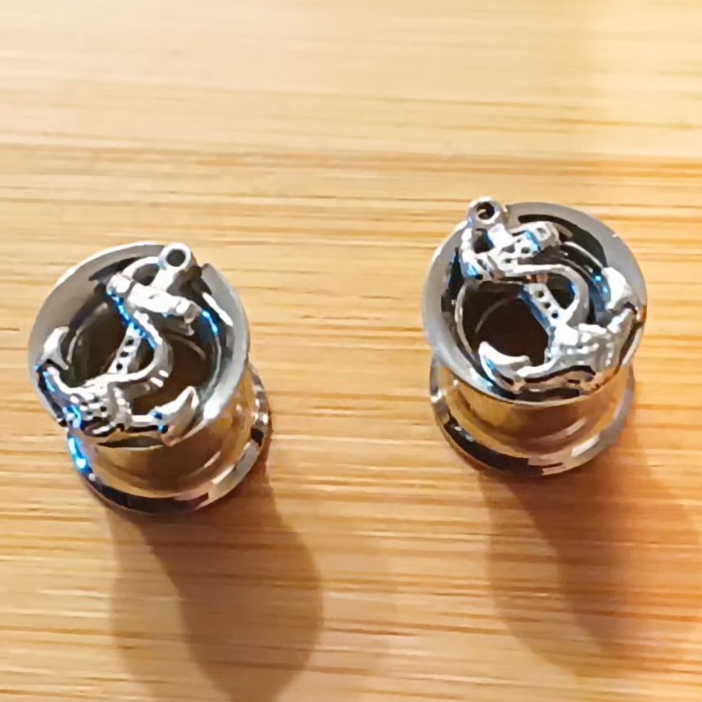 0 Gauge Stainless Steel Anchor Design Earrings  Silver Color 0 Gauge Earrings
